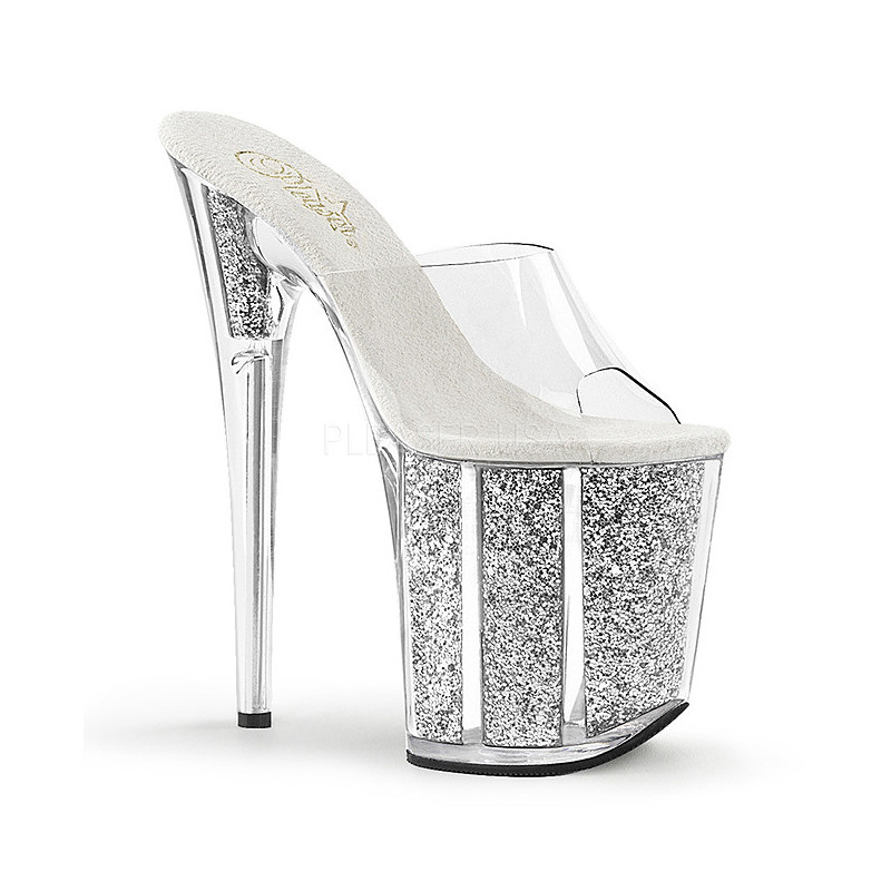 Silver 20 cm FLAMINGO-801G glitter platform mules womens