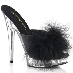 Leatherette 15 cm SULTRY-601F Black mules high heels feathers
