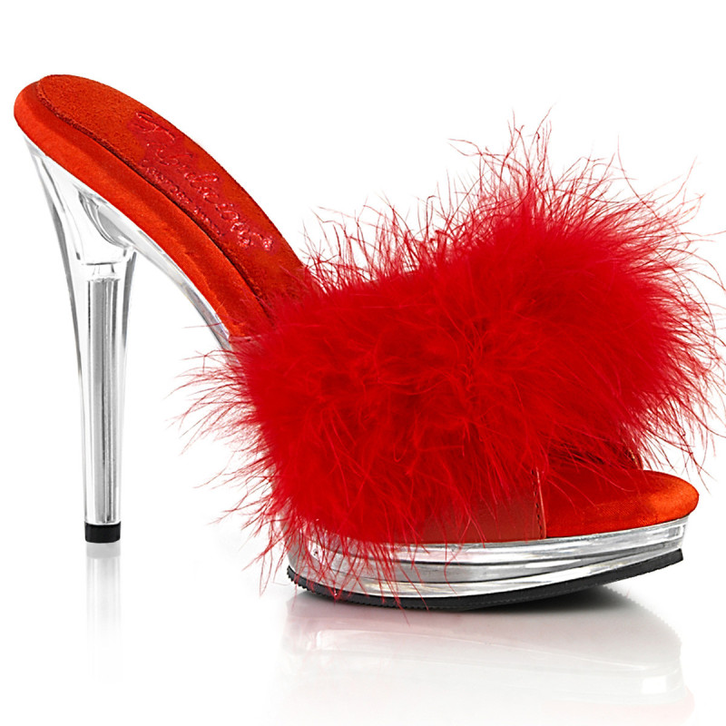 Leatherette 12,5 cm GLORY-501F-8 Red mules high heels feathers