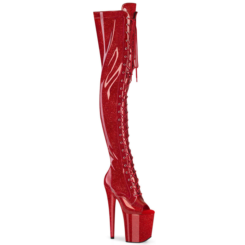Glitter 20 cm PEEP TOE Red thigh high boots with laces high heels