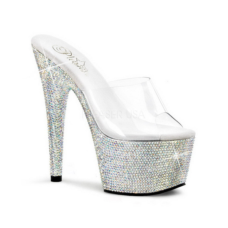 Transparent Silver 18 cm BEJEWELED-701DM Strass Platform Mules