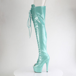 Glitter 18 cm PEEP TOE Green thigh high boots with laces high heels