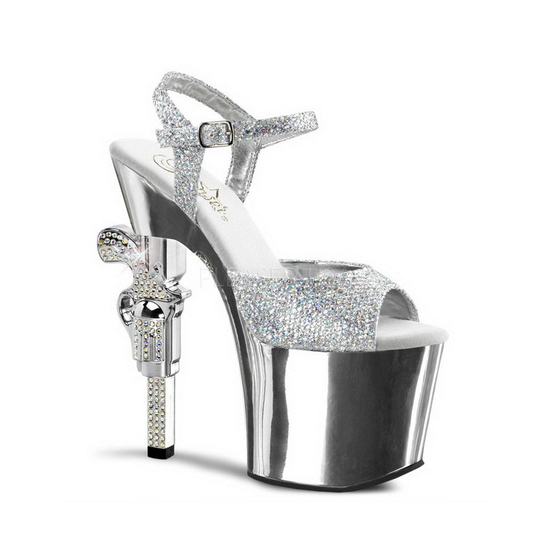 Silver 18 cm Pleaser REVOLVER-709G High Heels Chrome Platform