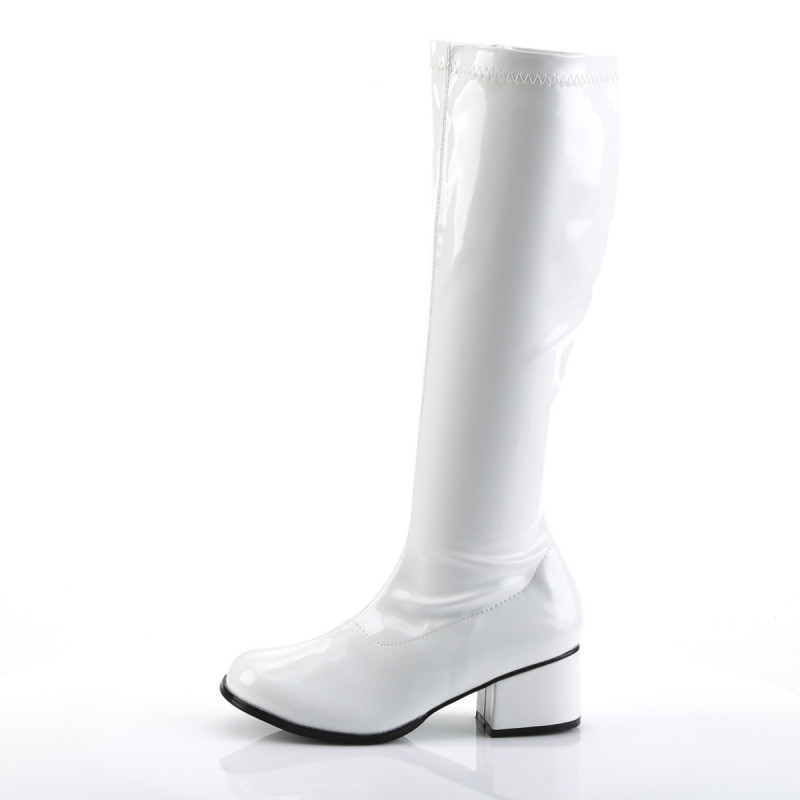 White boots block heel 5 cm - 70s years disco gogo kneeboots patent