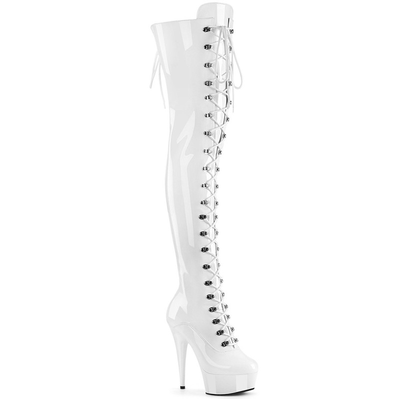 Patent 15 cm DELIGHT-3022 white overknee boots with laces