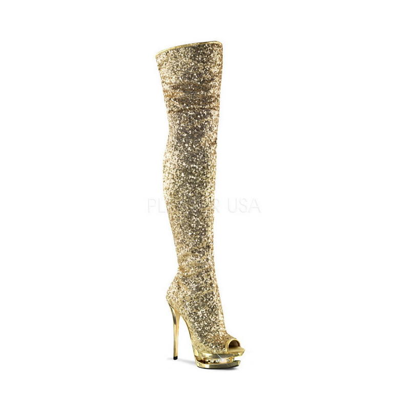 Gold Sequins 15 cm PLEASER BLONDIE-R-3011 Platform Over Knee Boots