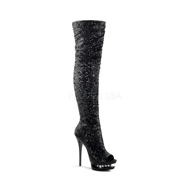Black Sequins 15 cm PLEASER BLONDIE-R-3011 Platform Over Knee Boots