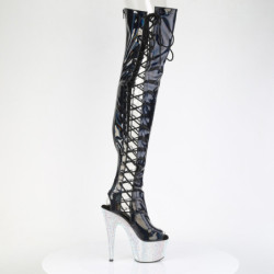 Rhinestones 18 cm open toe Black thigh high boots with laces high heels