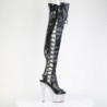 Rhinestones 18 cm open toe Black thigh high boots with laces high heels