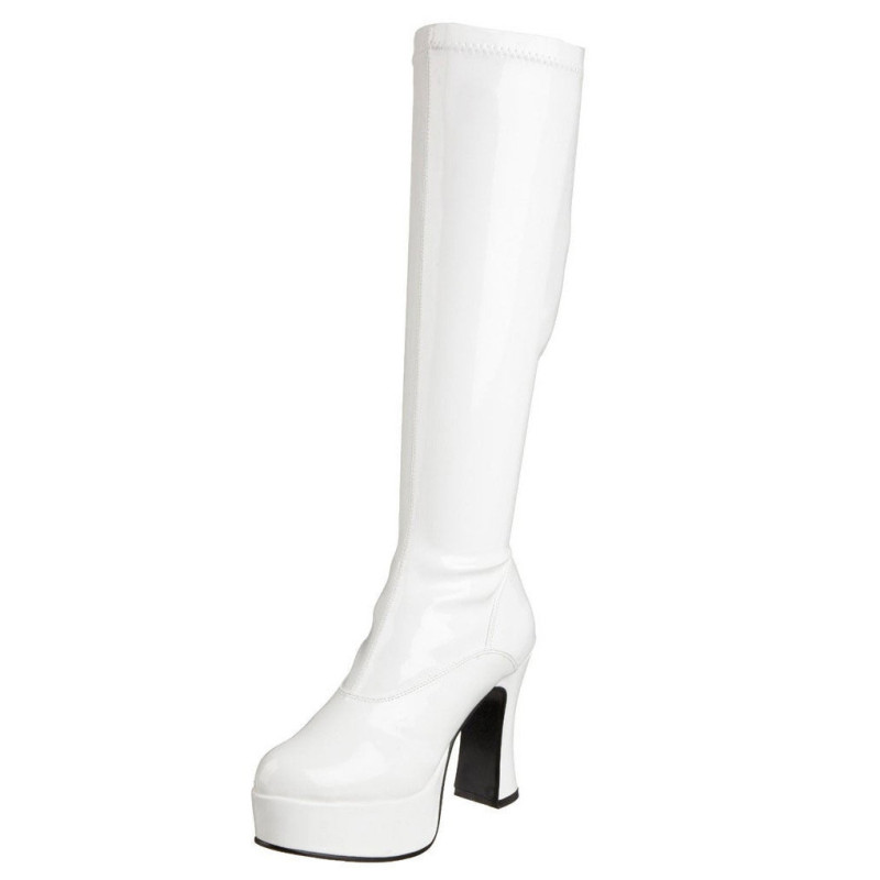 White platform boots patent 13 cm - 70s years abba disco chunky kneeboots