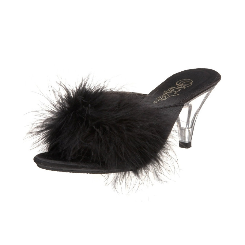 Black 8 cm BELLE-301F Marabou Feathers Mules Shoes