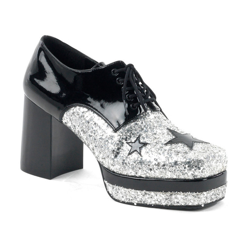Glitter pimp shoes 70s men's disco platform shoes lace-up silver