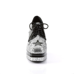 Glitter pimp shoes 70s men's disco platform shoes lace-up silver