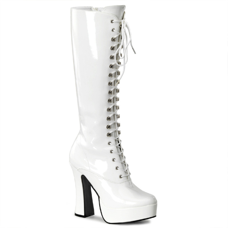 White platform boots lace up patent 13 cm - 70s years abba disco kneeboots
