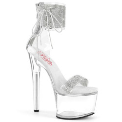Silver 18 cm PASSION-727RS transparent platform ankle straps high heels