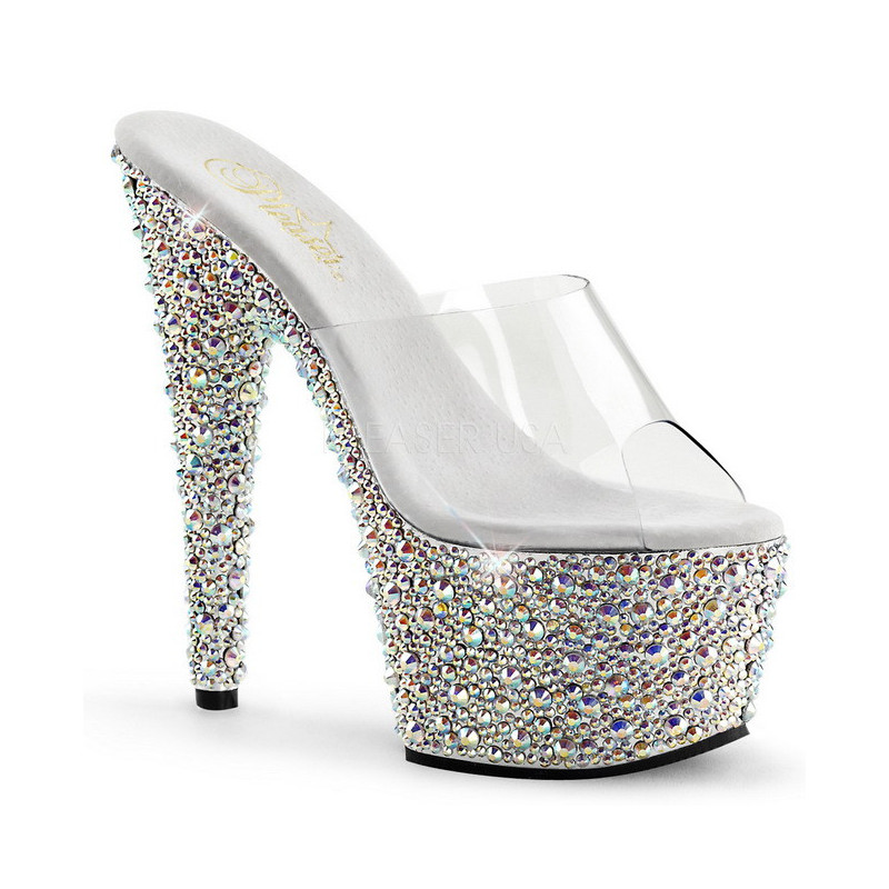 Trasparente Argento 18 cm BEJEWELED-701MS Strass Plateau Mules Alte