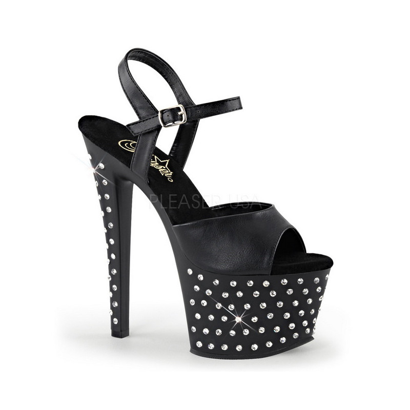 Black Leatherette 18 cm STARDUST-709 High Heeled Sandal Rhinestone Platform