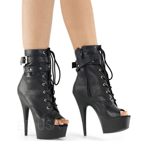 Black Leatherette 15 cm DELIGHT-1033 Open Toe Platform Ankle Calf Boots