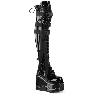 Patent 15 cm WAVE-315 Wedge Platform Thigh High Boots Black
