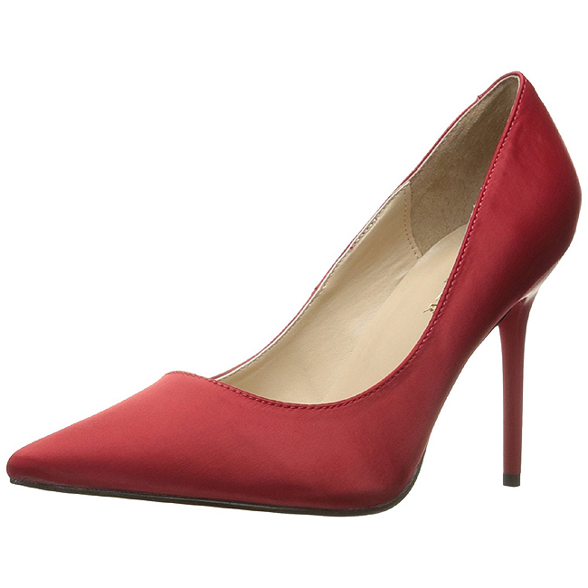 red satin platform pumps