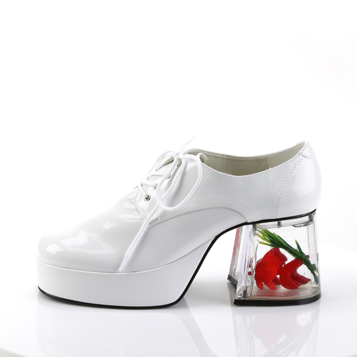 White PIMP 02 men s pimp shoes lace up with goldfish aquarium heel
