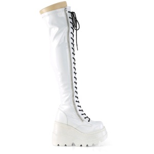 Bianco Verniciata 11,5 cm SHAKER-374 stivali sopra il ginocchio con lacci