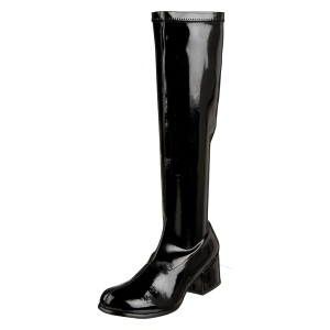 Black boots block heel 5 cm - 70s years style hippie disco gogo under kneeboots patent leather