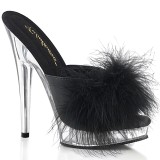 Leatherette 15 cm SULTRY-601F Black mules high heels with marabou feathers