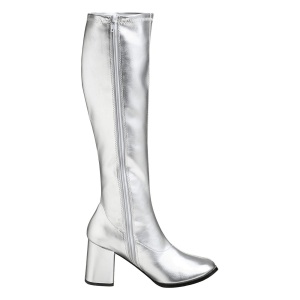 Silver boots block heel 7,5 cm - 70s years style hippie disco gogo under kneeboots vinyl