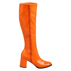 Stivali anni 70 vernice arancioni 7,5 cm hippie disco stivali sotto il ginocchio tacco a blocco