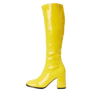 Stivali anni 70 vernice gialli 7,5 cm hippie disco stivali sotto il ginocchio tacco a blocco