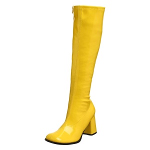 Stivali anni 70 vernice gialli 7,5 cm hippie disco stivali sotto il ginocchio tacco a blocco