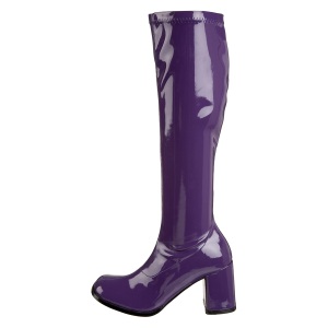 Stivali anni 70 vernice viola 7,5 cm hippie disco stivali sotto il ginocchio tacco a blocco
