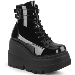 Verniciata 11,5 cm SHAKER-52 demonia stivaletti con zeppa e plateau nere