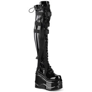 Verniciata 15 cm WAVE-315 plateau zeppa stivali alti con tacco neri