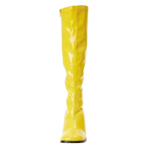 Yellow boots block heel 7,5 cm - 70s years style hippie disco gogo under kneeboots patent leather